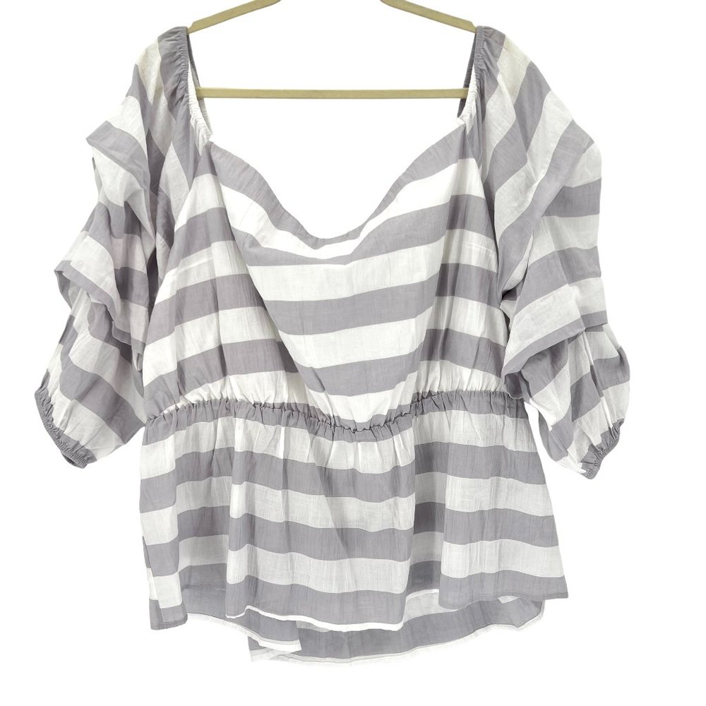Lane Bryant Striped Off Shoulder Gray White Gathered Puff 3/4 Sleeve Size 26/28